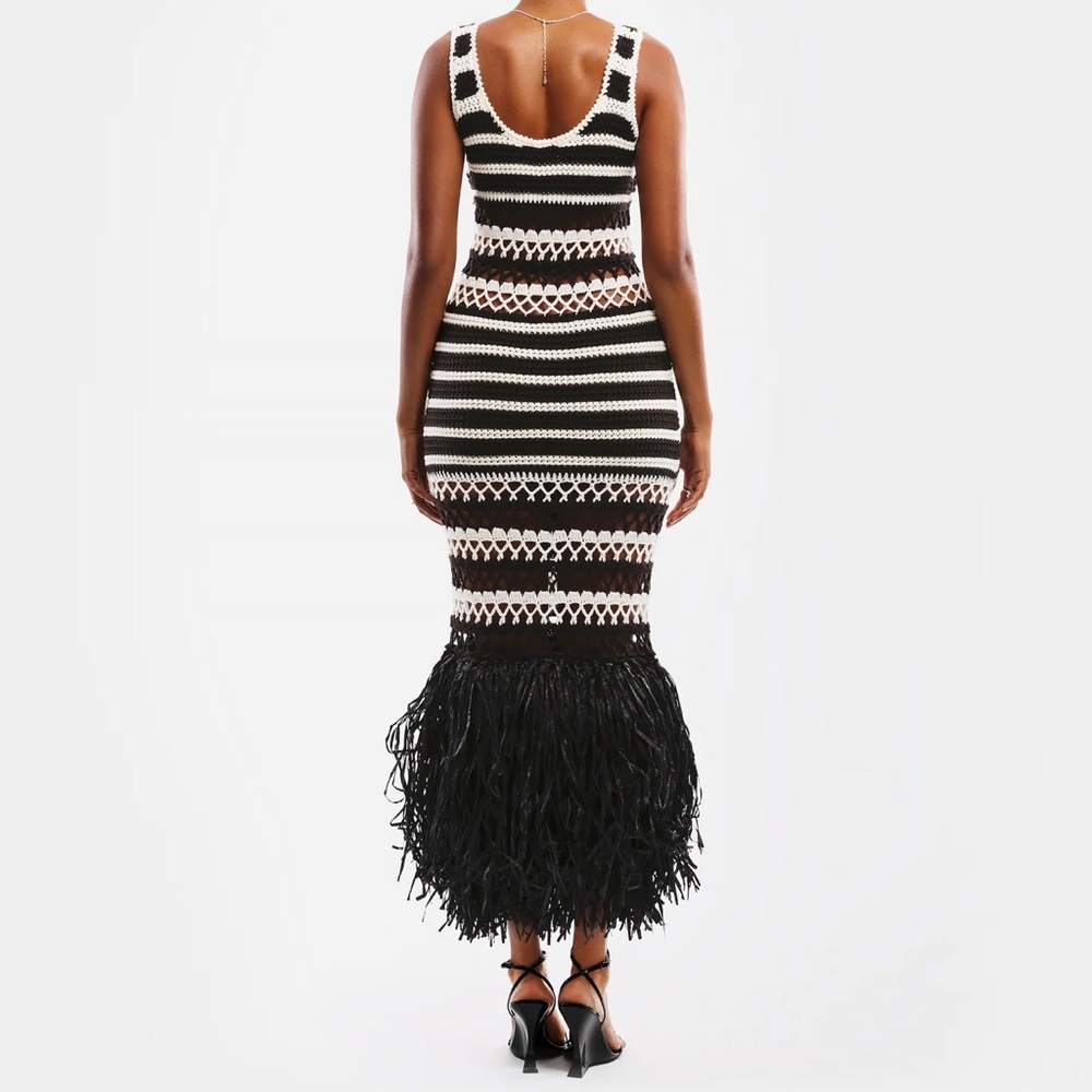 Hanifa Black and White Striped Knit Midi Dress with Feather Hem - Picture 2 of 3